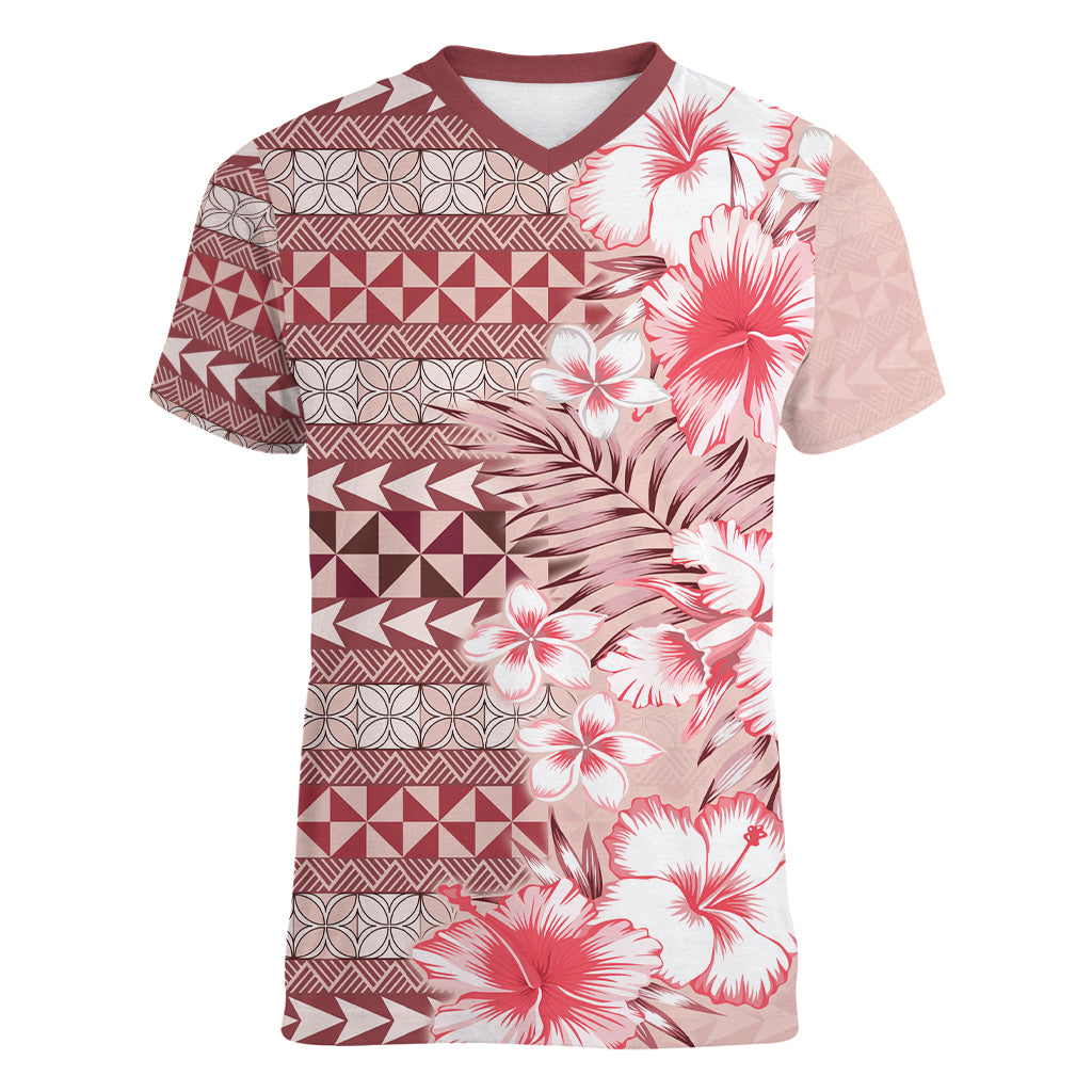 Pasifika Sataoa Pattern Plumeria Vintage Women V Neck T Shirt Cherry LT9 Female Cherry - Polynesian Pride