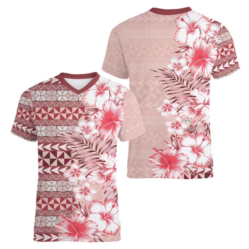 Pasifika Sataoa Pattern Plumeria Vintage Women V Neck T Shirt Cherry LT9 - Polynesian Pride