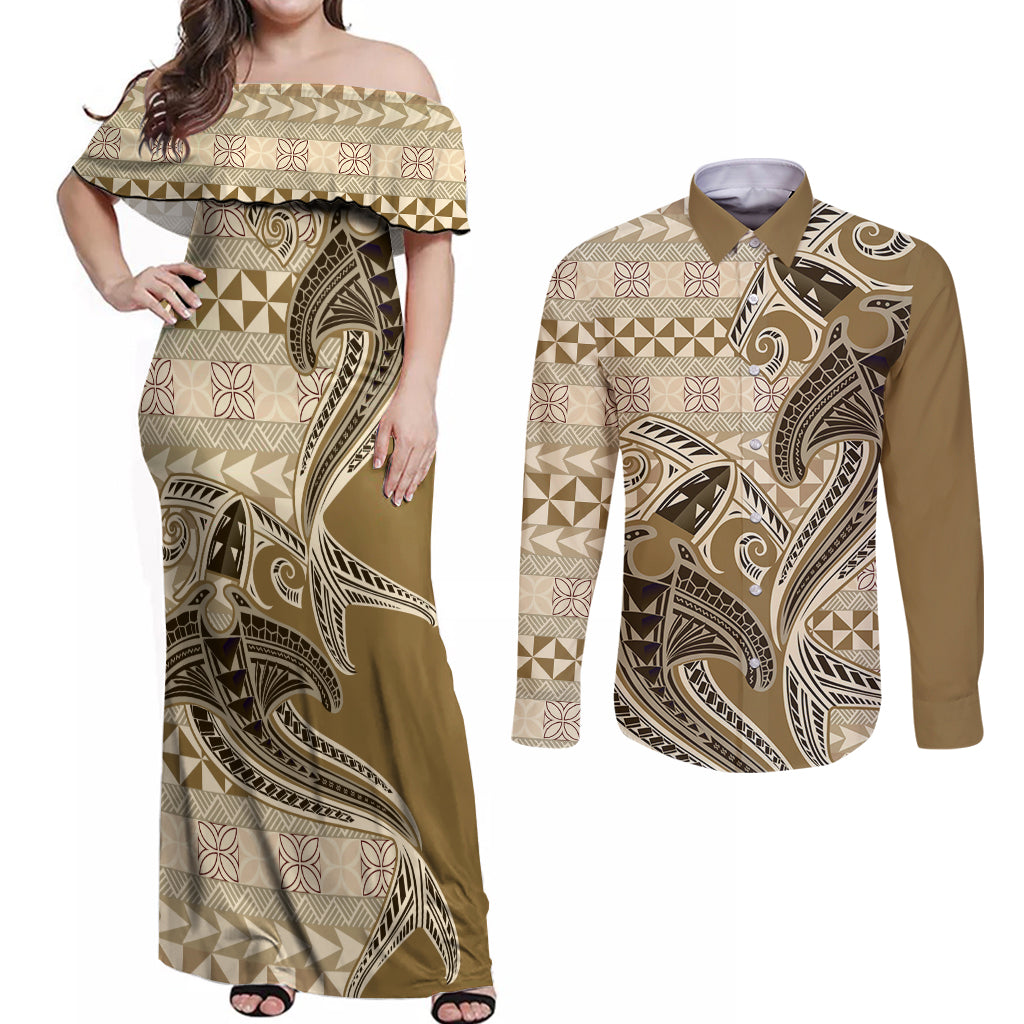 Vintage Hammerhead Shark Valentine Day Couples Matching Off Shoulder Maxi Dress and Long Sleeve Button Shirt Pasifika Sataoa Pattern - Beige Tan LT9 Beige Tan - Polynesian Pride