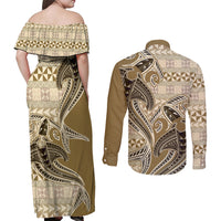 Vintage Hammerhead Shark Valentine Day Couples Matching Off Shoulder Maxi Dress and Long Sleeve Button Shirt Pasifika Sataoa Pattern - Beige Tan LT9 - Polynesian Pride