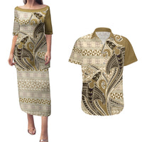 Vintage Hammerhead Shark Valentine Day Couples Matching Puletasi and Hawaiian Shirt Pasifika Sataoa Pattern - Beige Tan LT9 Beige Tan - Polynesian Pride