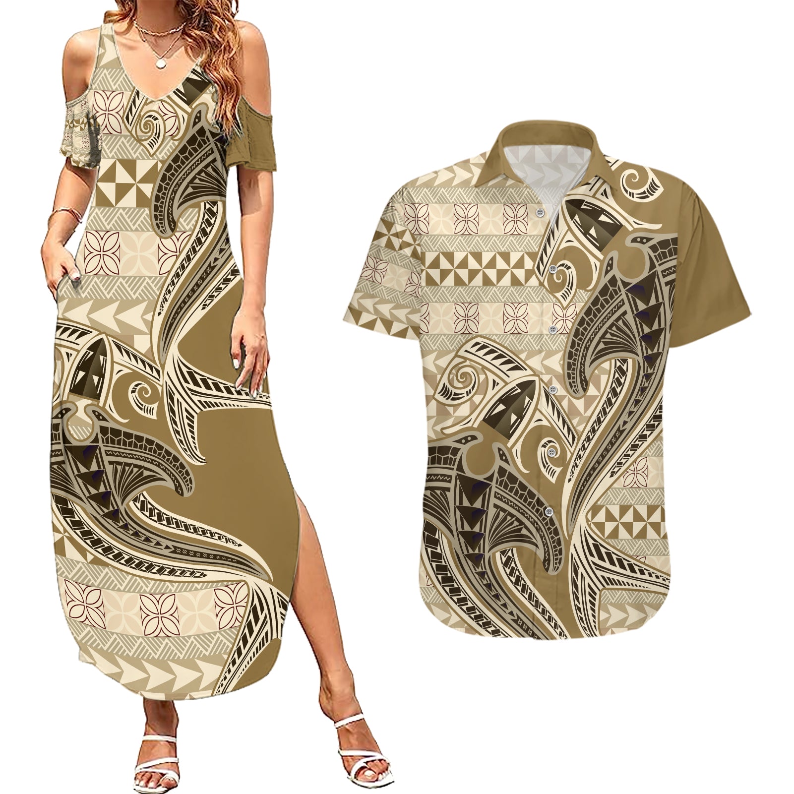 Vintage Hammerhead Shark Valentine Day Couples Matching Summer Maxi Dress and Hawaiian Shirt Pasifika Sataoa Pattern - Beige Tan LT9 Beige Tan - Polynesian Pride