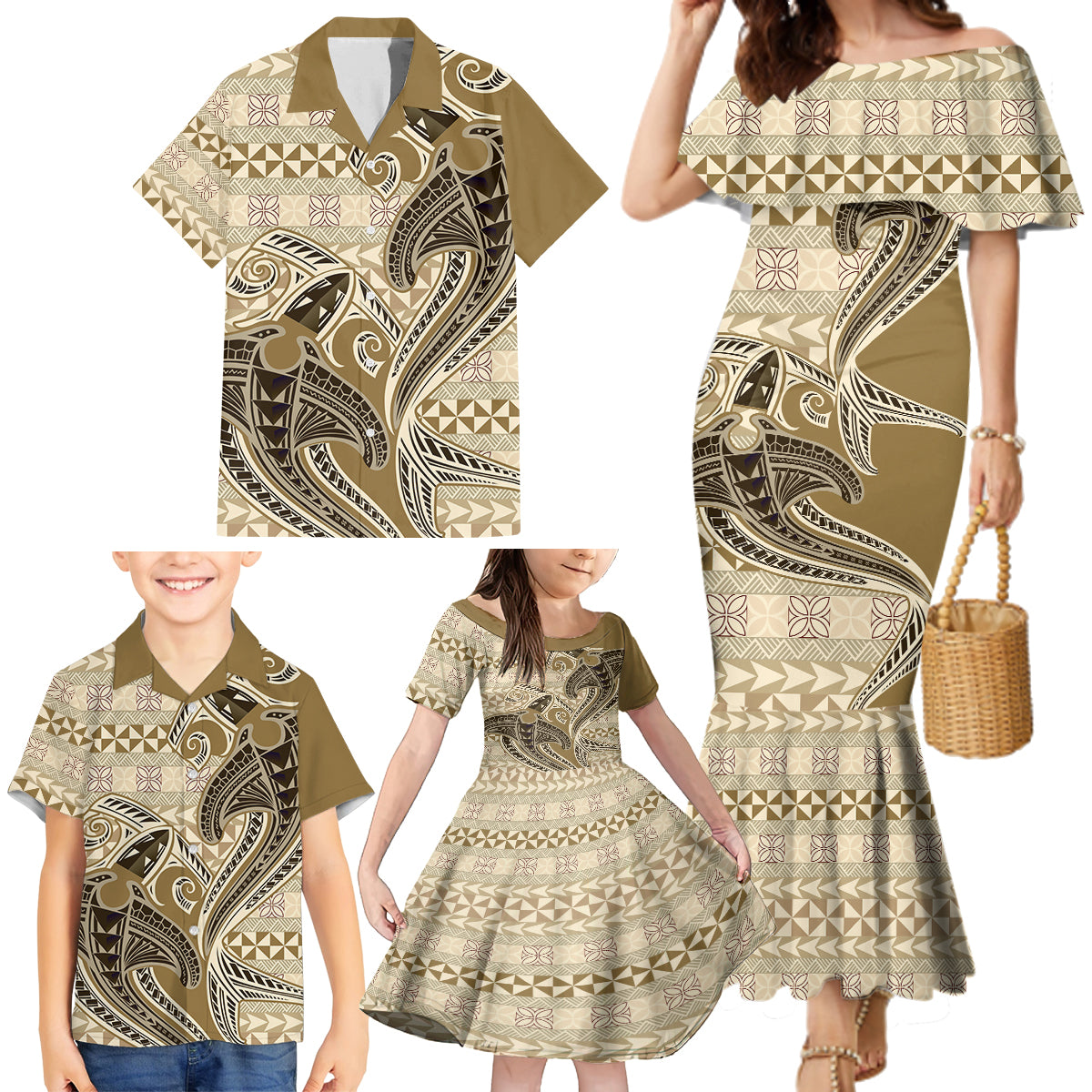 Vintage Hammerhead Shark Valentine Day Family Matching Mermaid Dress and Hawaiian Shirt Pasifika Sataoa Pattern - Beige Tan LT9 - Polynesian Pride