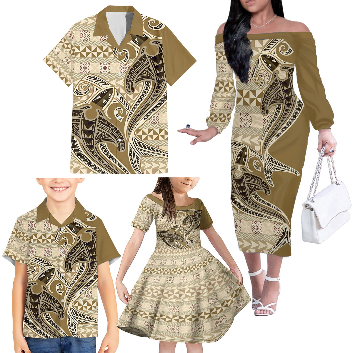 Vintage Hammerhead Shark Valentine Day Family Matching Off Shoulder Long Sleeve Dress and Hawaiian Shirt Pasifika Sataoa Pattern - Beige Tan LT9 - Polynesian Pride