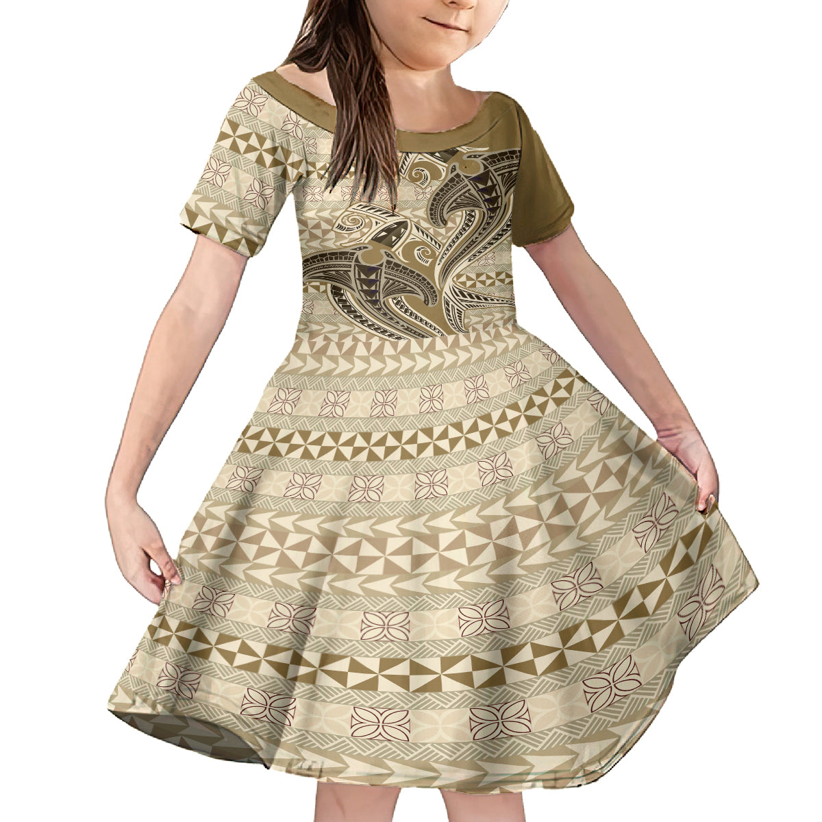Vintage Hammerhead Shark Valentine Day Family Matching Off Shoulder Maxi Dress and Hawaiian Shirt Pasifika Sataoa Pattern - Beige Tan LT9 Daughter's Dress Beige Tan - Polynesian Pride