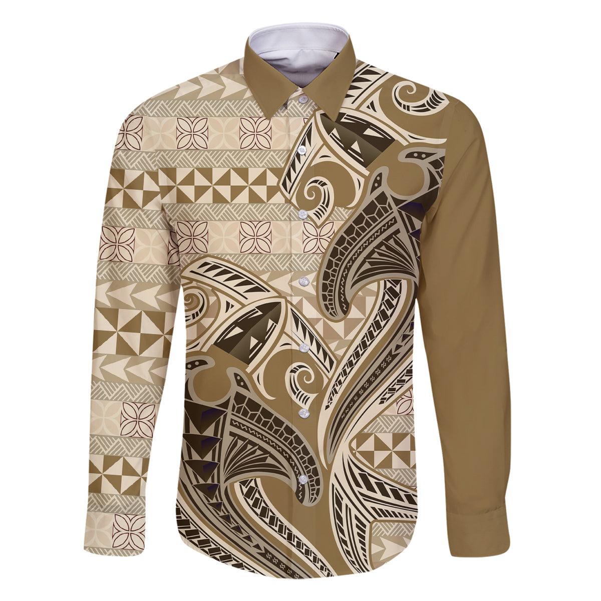 Vintage Hammerhead Shark Valentine Day Family Matching Off Shoulder Short Dress and Hawaiian Shirt Pasifika Sataoa Pattern - Beige Tan LT9 Dad's Shirt - Long Sleeve Beige Tan - Polynesian Pride