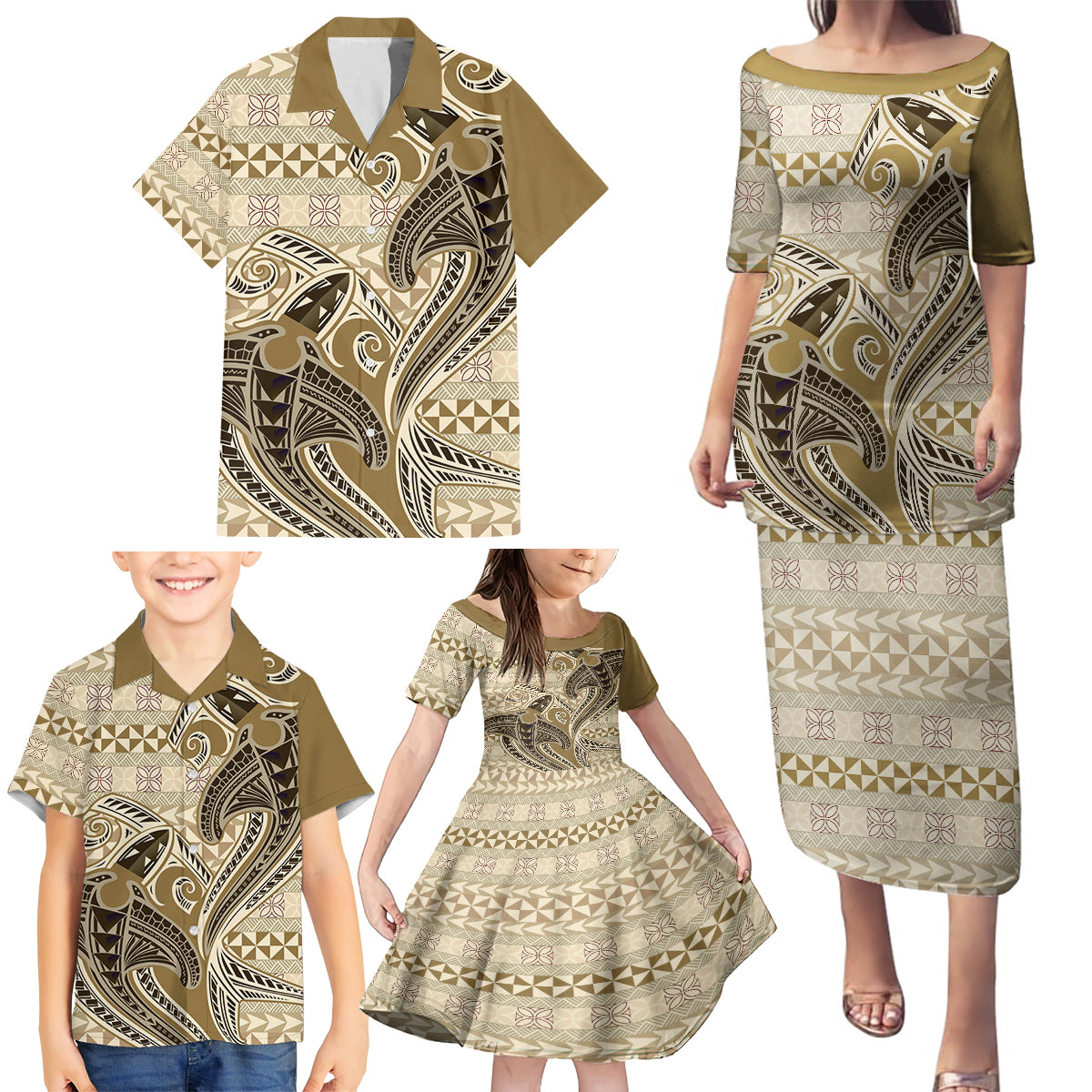 Vintage Hammerhead Shark Valentine Day Family Matching Puletasi and Hawaiian Shirt Pasifika Sataoa Pattern - Beige Tan LT9 - Polynesian Pride