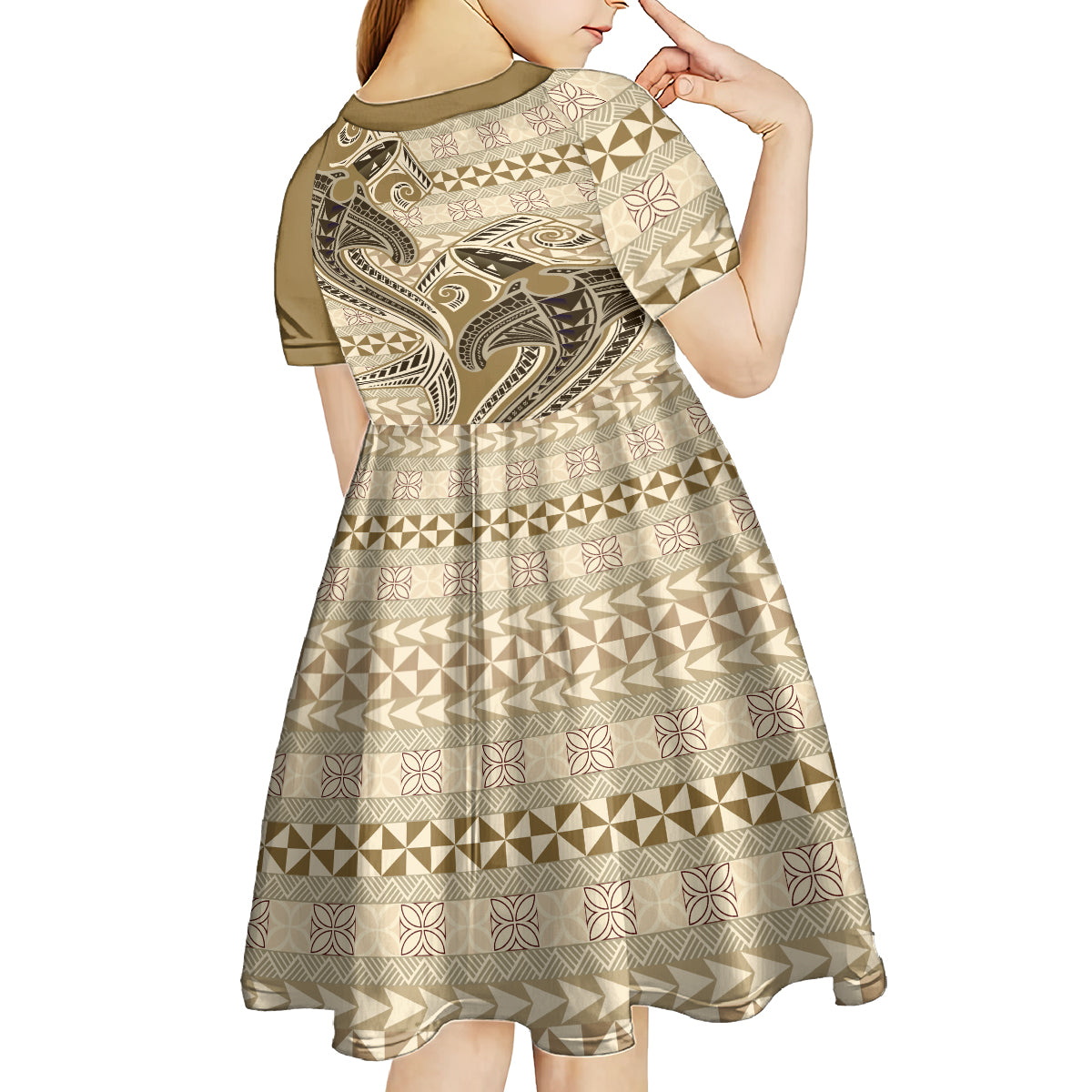 Vintage Hammerhead Shark Valentine Day Kid Short Sleeve Dress Pasifika Sataoa Pattern - Beige Tan LT9 - Polynesian Pride