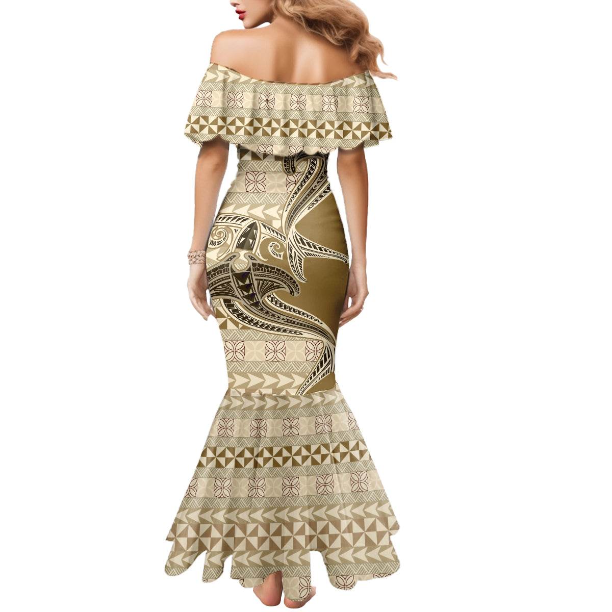 Vintage Hammerhead Shark Valentine Day Mermaid Dress Pasifika Sataoa Pattern - Beige Tan LT9 - Polynesian Pride
