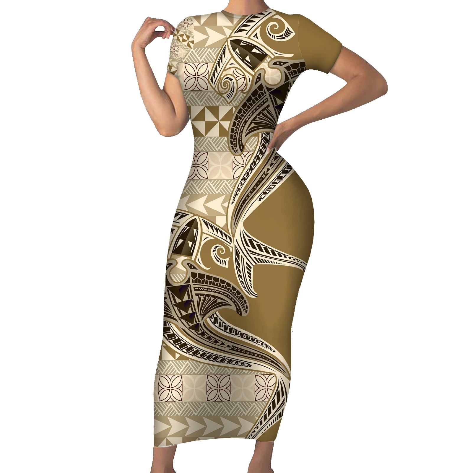 Vintage Hammerhead Shark Valentine Day Short Sleeve Bodycon Dress Pasifika Sataoa Pattern - Beige Tan LT9 Long Dress Beige Tan - Polynesian Pride