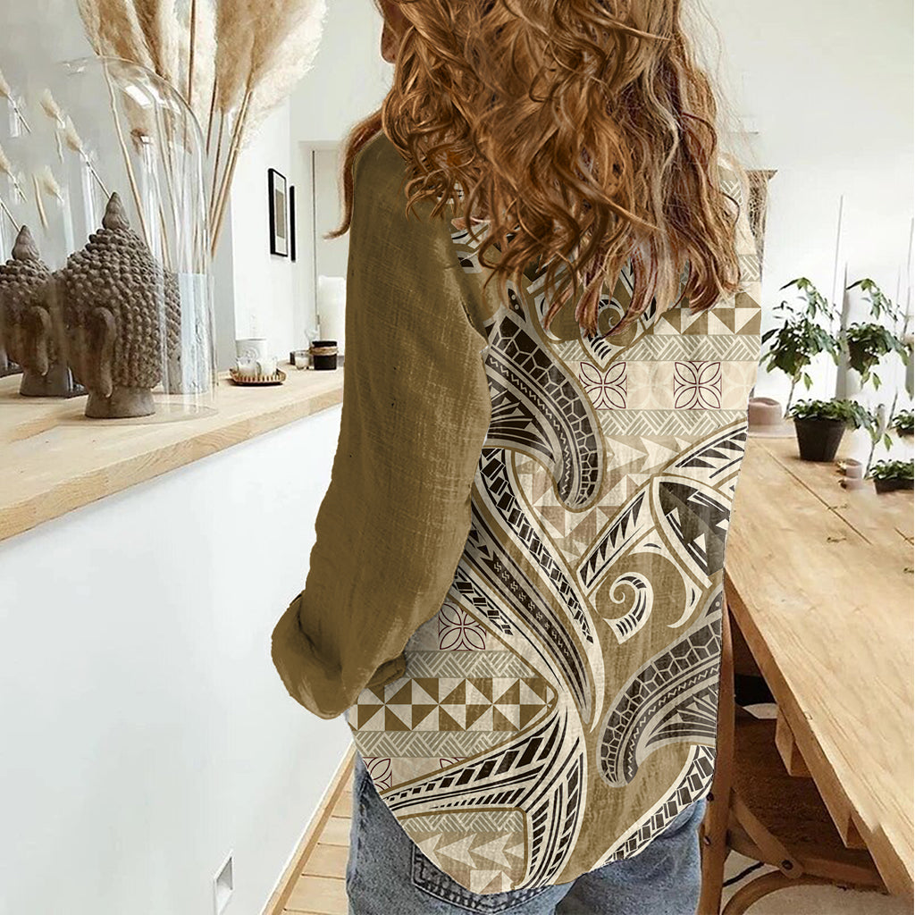 Vintage Hammerhead Shark Valentine Day Women Casual Shirt Pasifika Sataoa Pattern - Beige Tan LT9 - Polynesian Pride