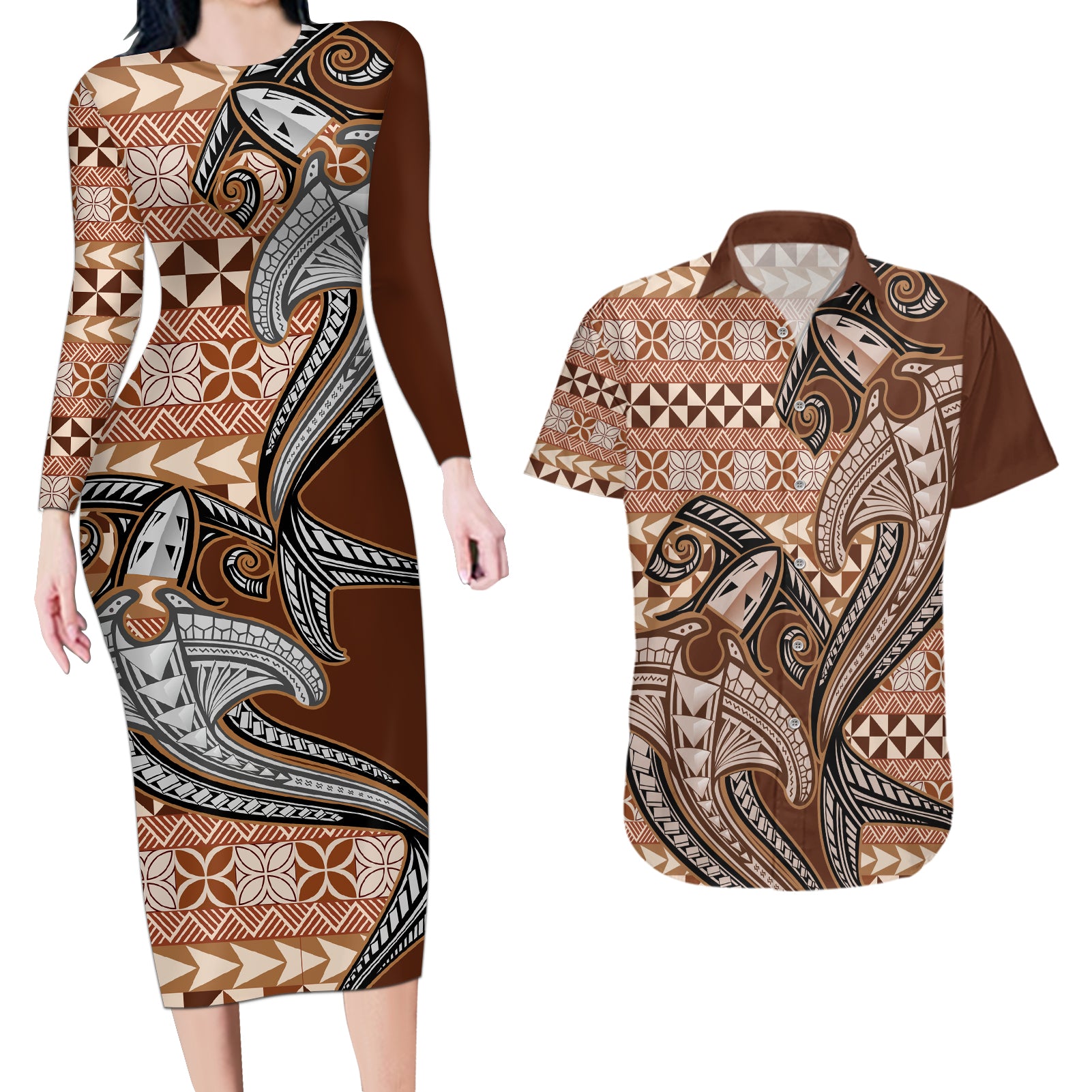 Vintage Hammerhead Shark Valentine Day Couples Matching Long Sleeve Bodycon Dress and Hawaiian Shirt Pasifika Sataoa Pattern - Brown Beige Tan LT9 Brown - Polynesian Pride