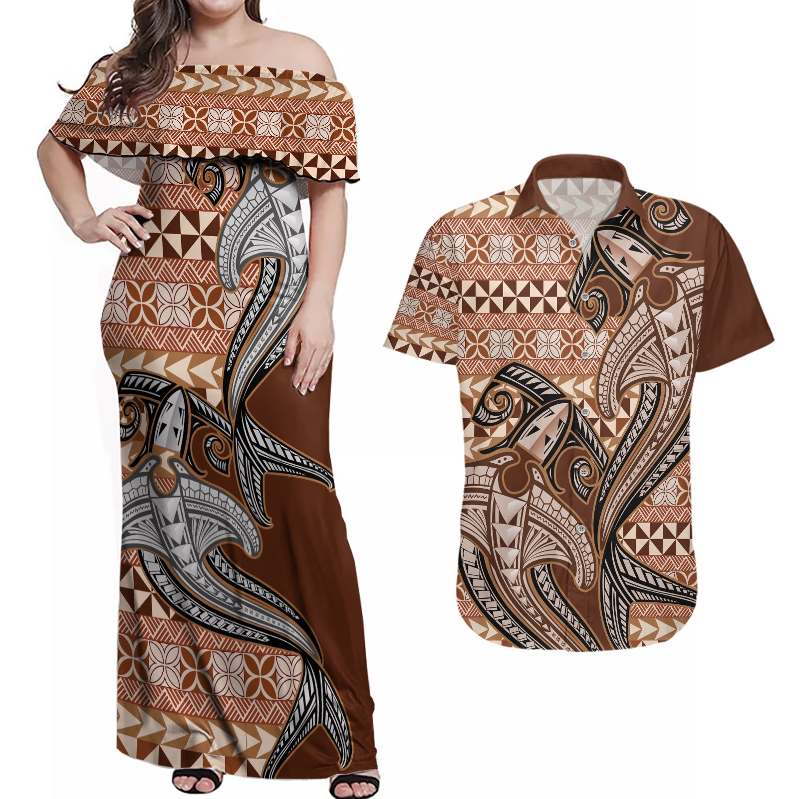 Vintage Hammerhead Shark Valentine Day Couples Matching Off Shoulder Maxi Dress and Hawaiian Shirt Pasifika Sataoa Pattern - Brown Beige Tan LT9 Brown - Polynesian Pride