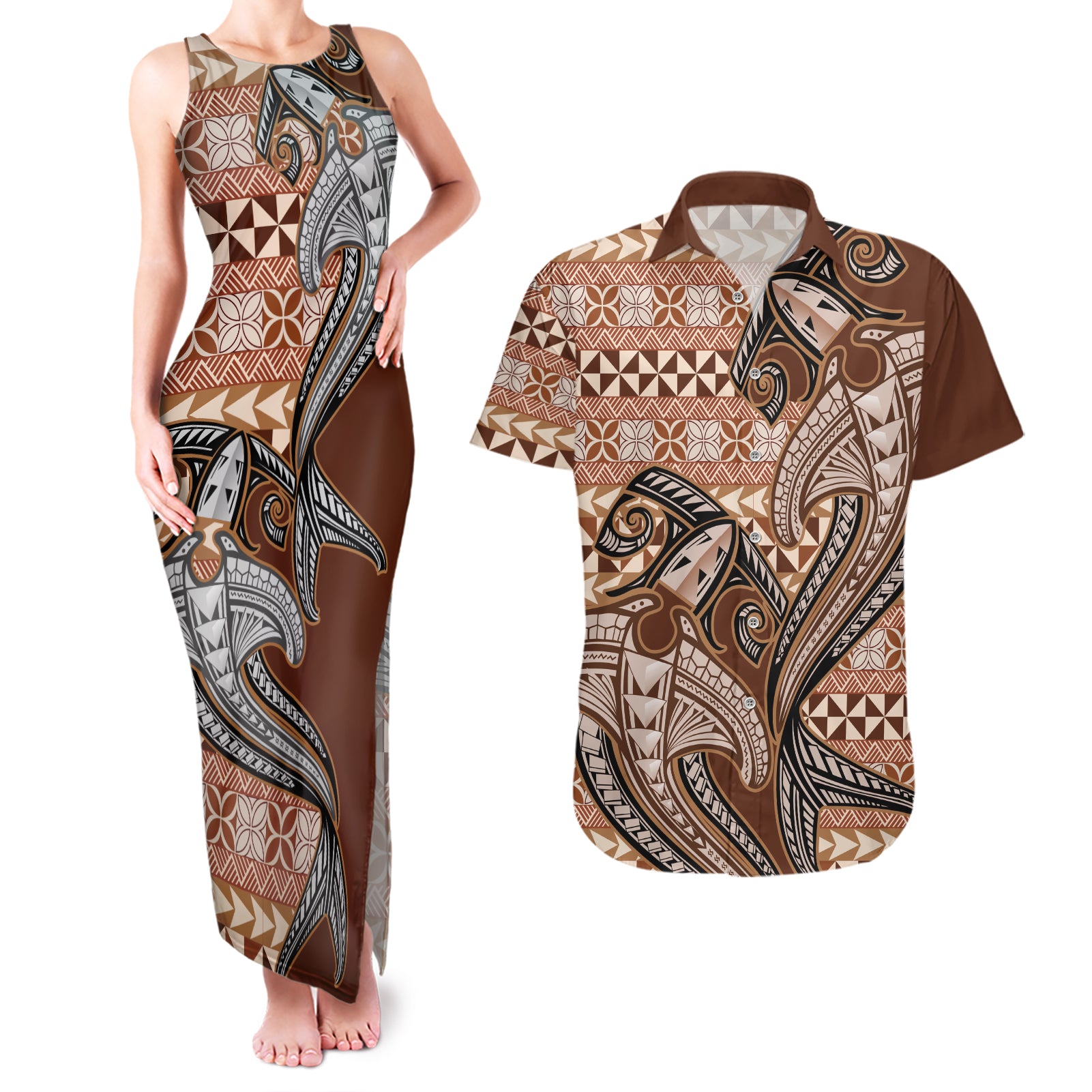 Vintage Hammerhead Shark Valentine Day Couples Matching Tank Maxi Dress and Hawaiian Shirt Pasifika Sataoa Pattern - Brown Beige Tan LT9 Brown - Polynesian Pride