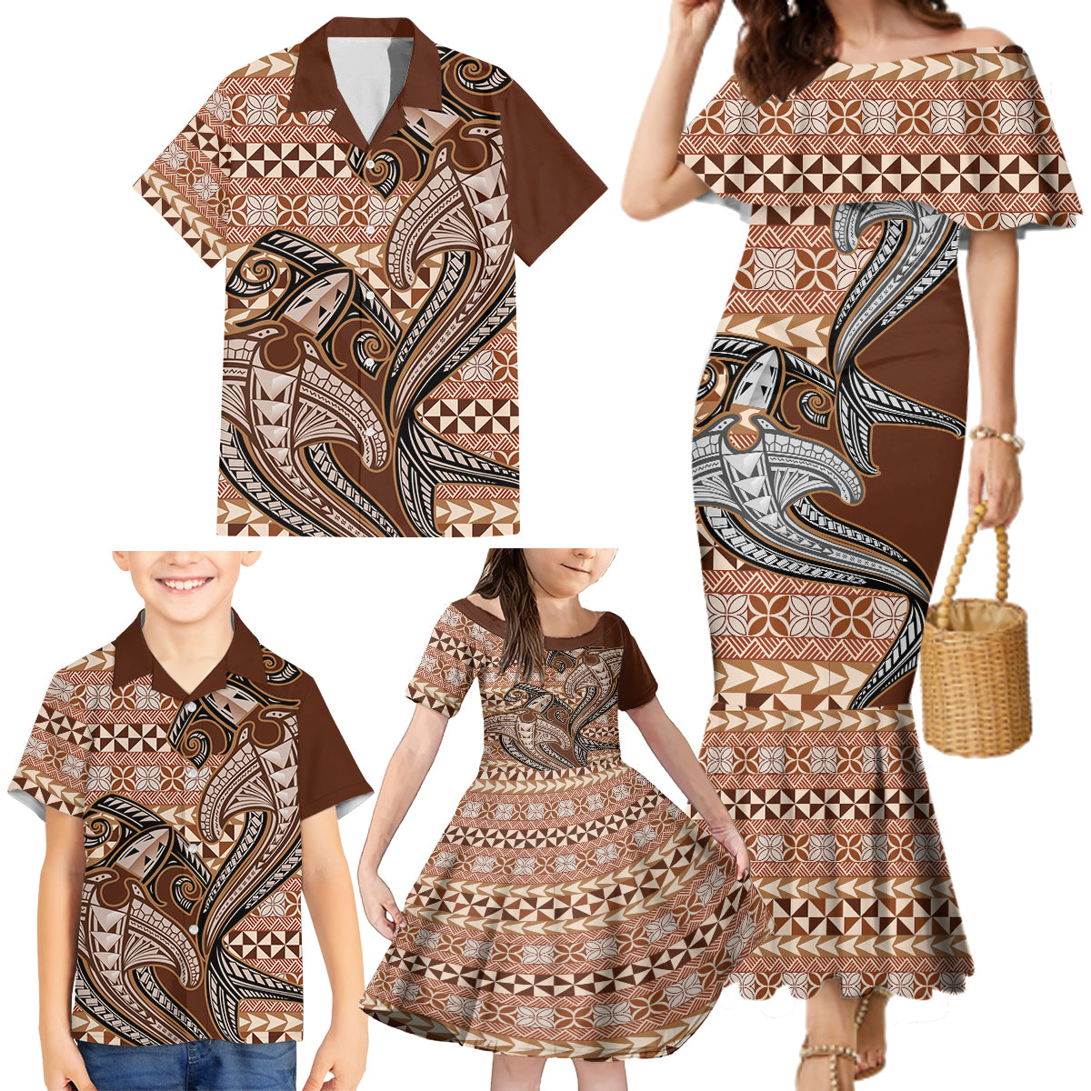 Vintage Hammerhead Shark Valentine Day Family Matching Mermaid Dress and Hawaiian Shirt Pasifika Sataoa Pattern - Brown Beige Tan LT9 - Polynesian Pride