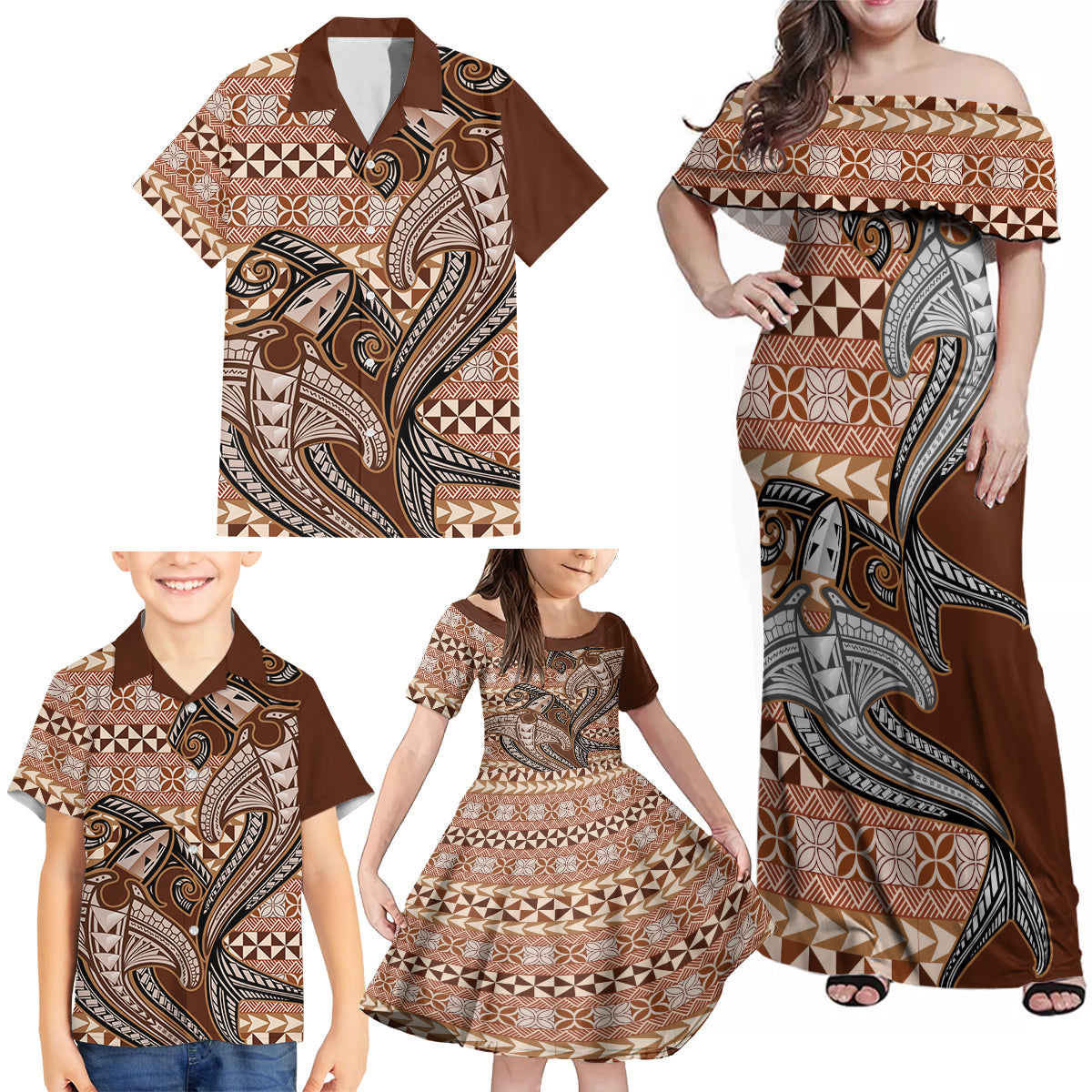 Vintage Hammerhead Shark Valentine Day Family Matching Off Shoulder Maxi Dress and Hawaiian Shirt Pasifika Sataoa Pattern - Brown Beige Tan LT9 - Polynesian Pride