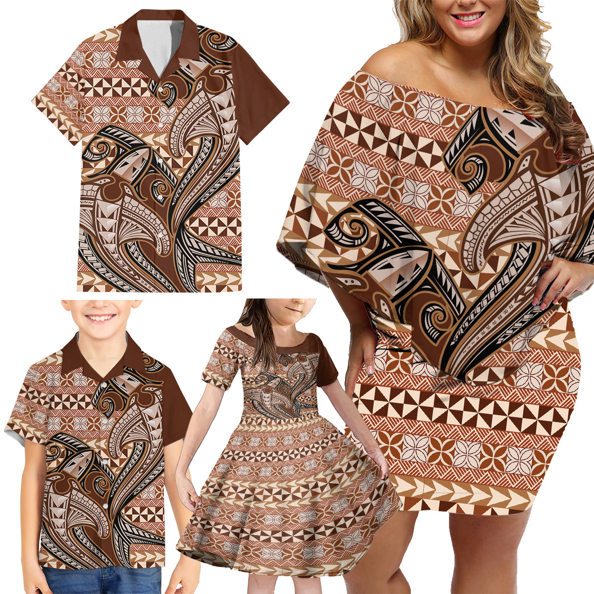 Vintage Hammerhead Shark Valentine Day Family Matching Off Shoulder Short Dress and Hawaiian Shirt Pasifika Sataoa Pattern - Brown Beige Tan LT9 - Polynesian Pride