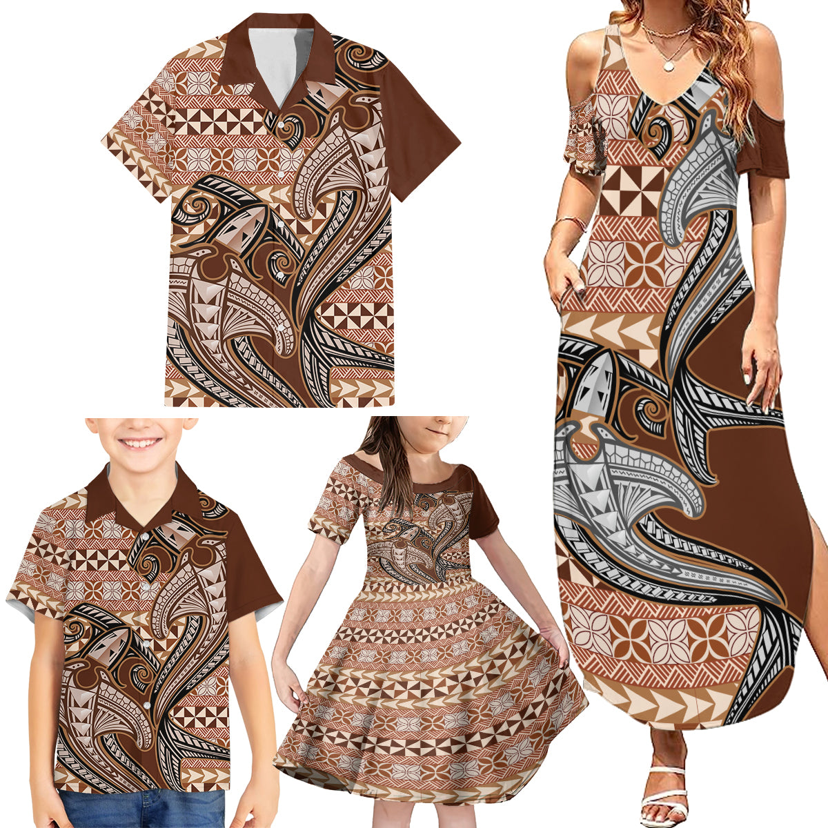 Vintage Hammerhead Shark Valentine Day Family Matching Summer Maxi Dress and Hawaiian Shirt Pasifika Sataoa Pattern - Brown Beige Tan LT9 - Polynesian Pride