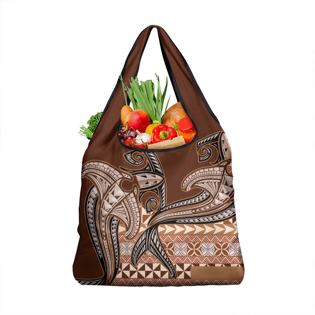 Vintage Hammerhead Shark Valentine Day Grocery Bag Pasifika Sataoa Pattern - Brown Beige Tan