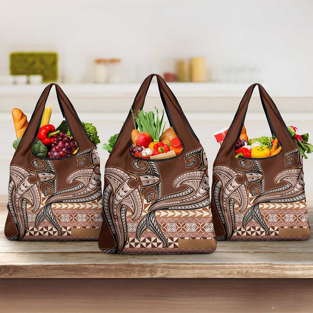 Vintage Hammerhead Shark Valentine Day Grocery Bag Pasifika Sataoa Pattern - Brown Beige Tan LT9 3-pack One Size Brown - Polynesian Pride