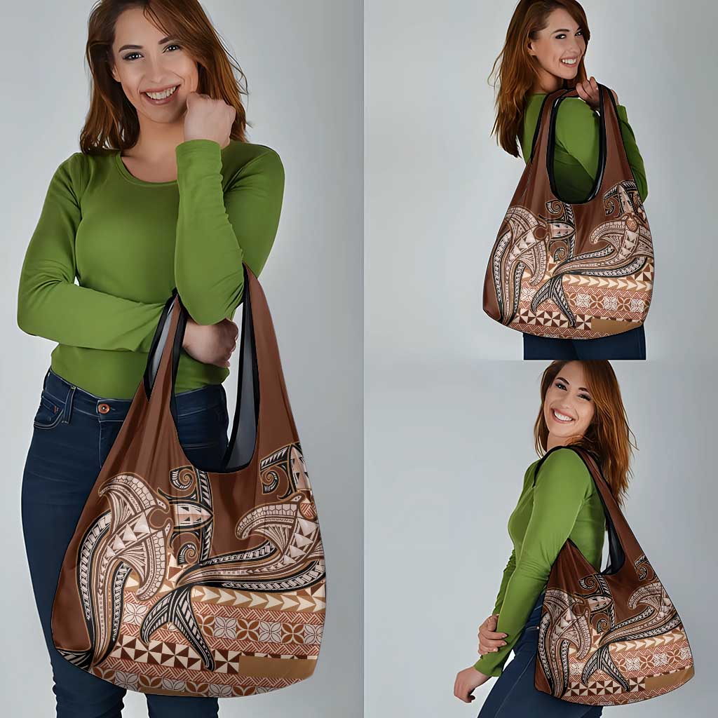 Vintage Hammerhead Shark Valentine Day Grocery Bag Pasifika Sataoa Pattern - Brown Beige Tan LT9 - Polynesian Pride