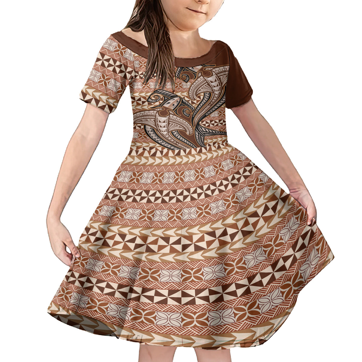 Vintage Hammerhead Shark Valentine Day Kid Short Sleeve Dress Pasifika Sataoa Pattern - Brown Beige Tan LT9 KID Brown - Polynesian Pride