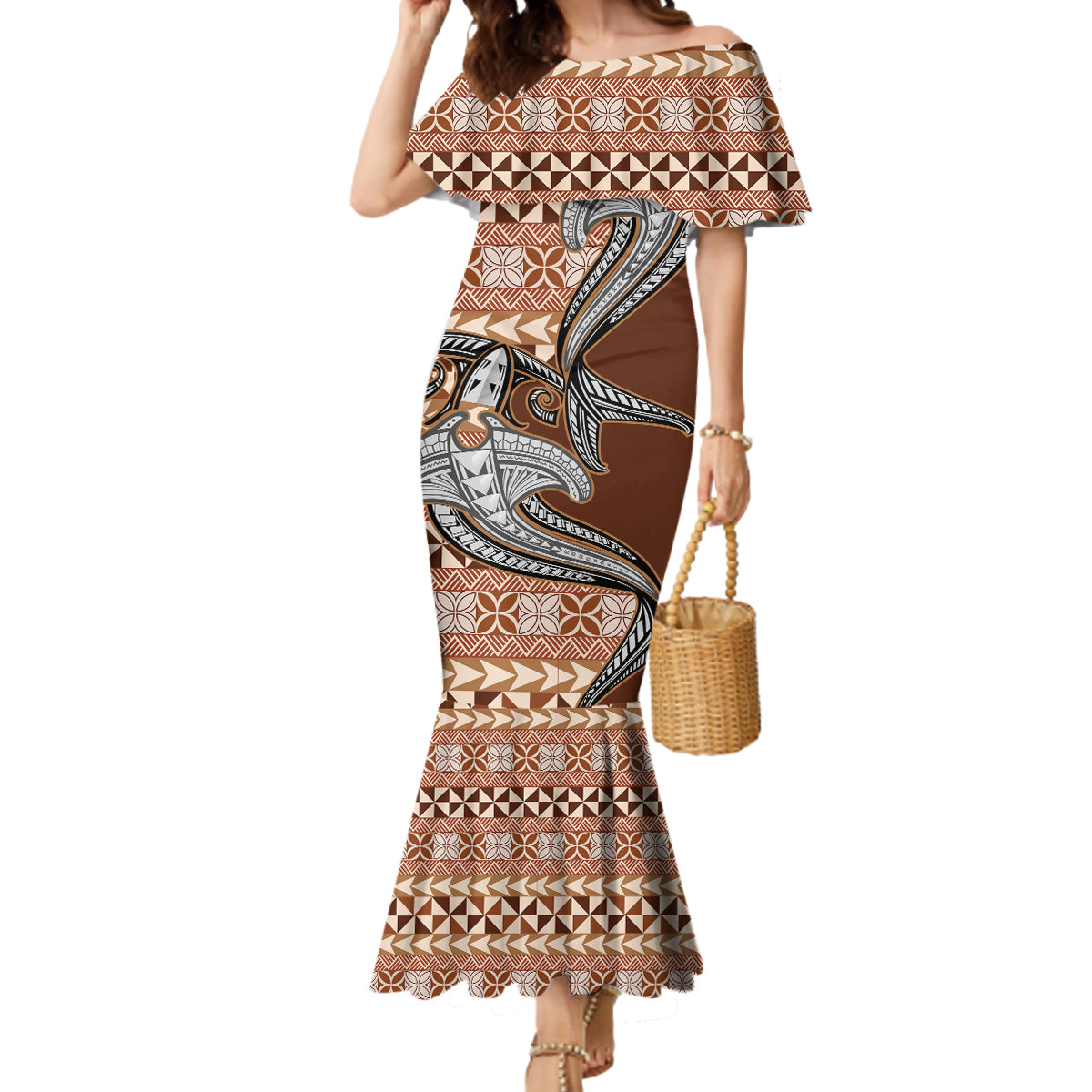 Vintage Hammerhead Shark Valentine Day Mermaid Dress Pasifika Sataoa Pattern - Brown Beige Tan LT9 Women Brown - Polynesian Pride