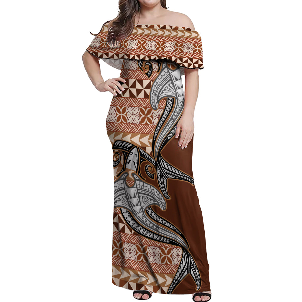 Vintage Hammerhead Shark Valentine Day Off Shoulder Maxi Dress Pasifika Sataoa Pattern - Brown Beige Tan LT9 Women Brown - Polynesian Pride