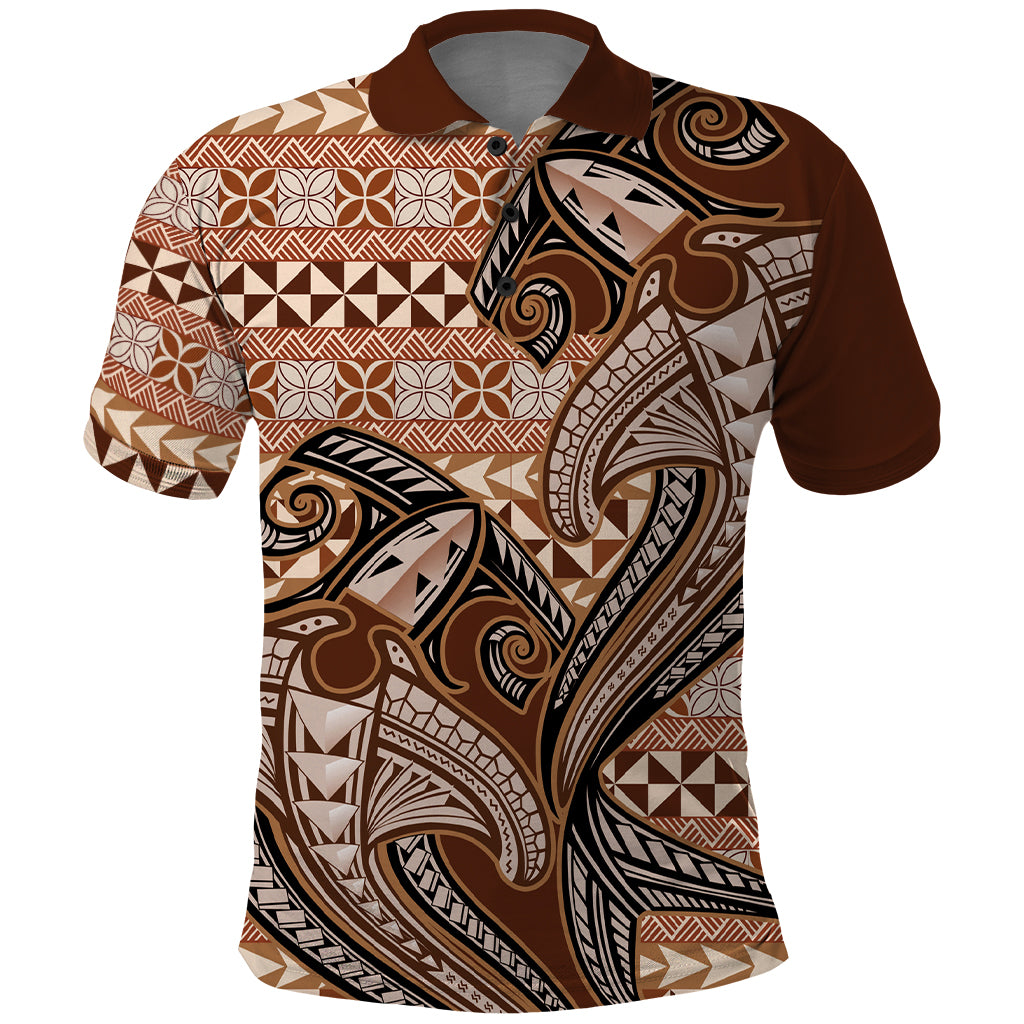 Vintage Hammerhead Shark Valentine Day Polo Shirt Pasifika Sataoa Pattern - Brown Beige Tan LT9 Brown - Polynesian Pride