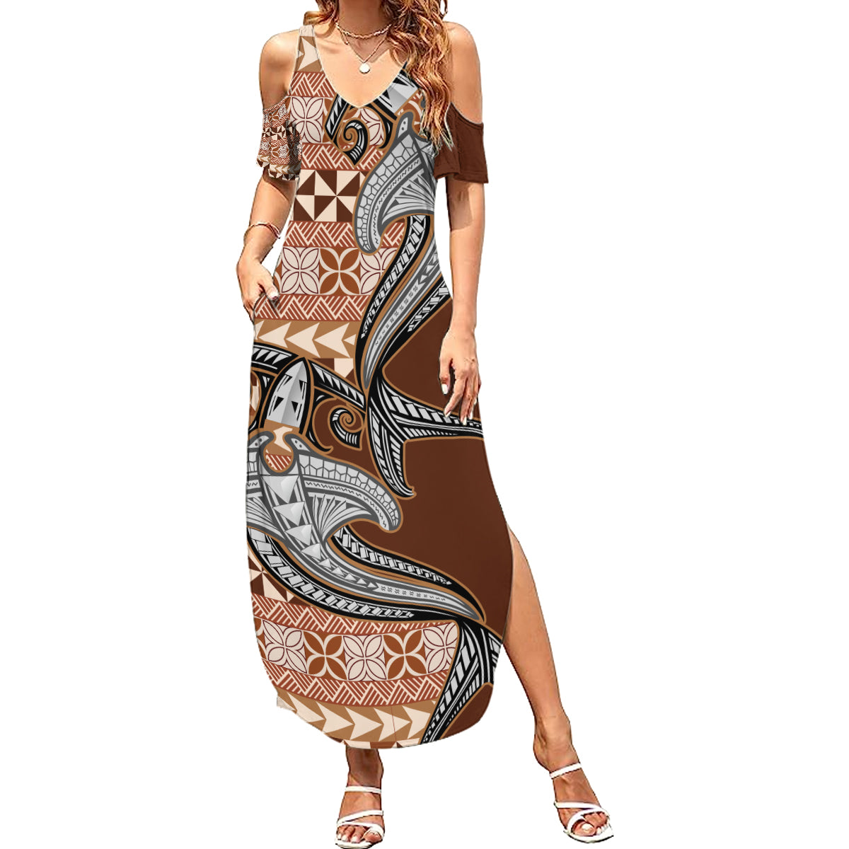 Vintage Hammerhead Shark Valentine Day Summer Maxi Dress Pasifika Sataoa Pattern - Brown Beige Tan LT9 Women Brown - Polynesian Pride