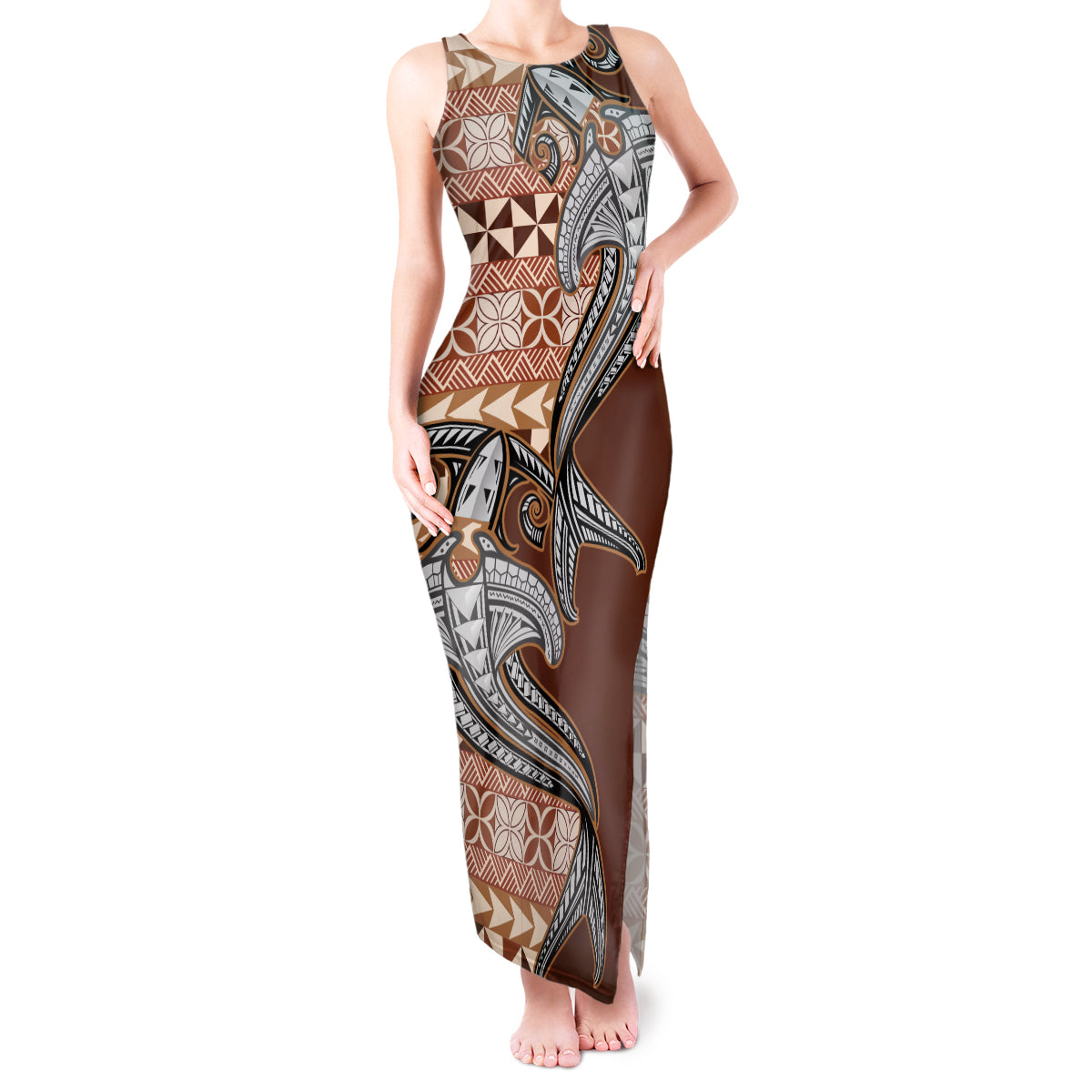 Vintage Hammerhead Shark Valentine Day Tank Maxi Dress Pasifika Sataoa Pattern - Brown Beige Tan LT9 Women Brown - Polynesian Pride