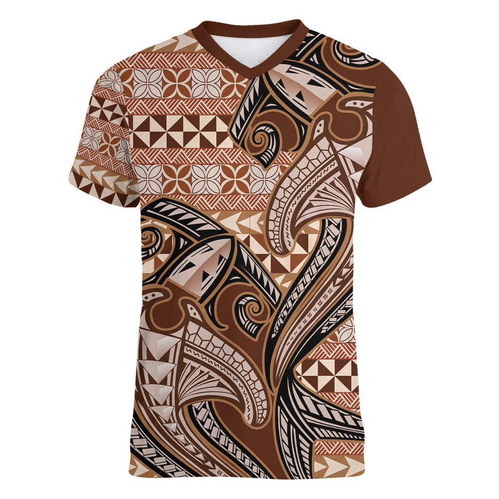 Vintage Hammerhead Shark Valentine Day Women V Neck T Shirt Pasifika Sataoa Pattern - Brown Beige Tan LT9 Female Brown - Polynesian Pride