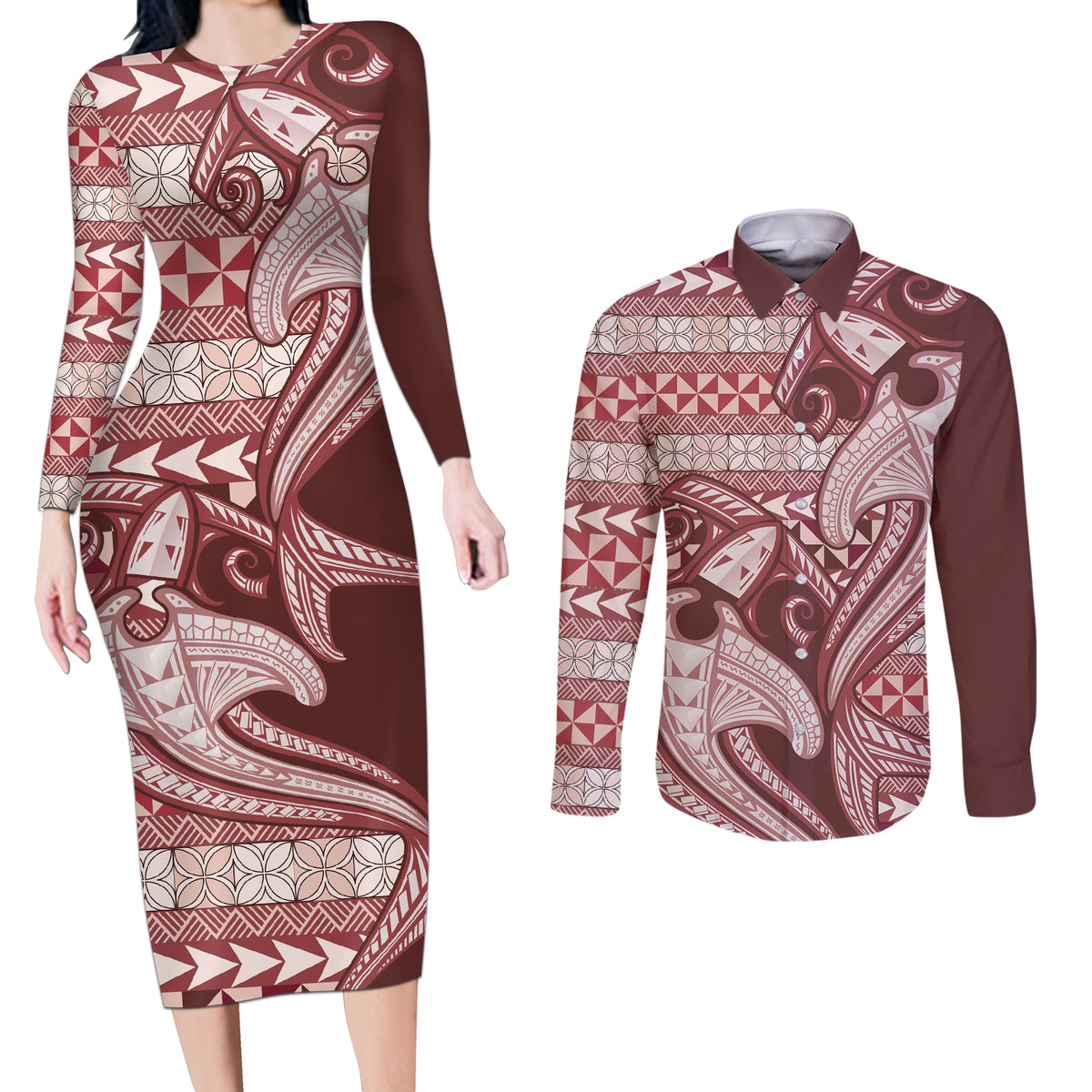 Vintage Hammerhead Shark Valentine Day Couples Matching Long Sleeve Bodycon Dress and Long Sleeve Button Shirt Pasifika Sataoa Pattern - Cherry LT9 Cherry - Polynesian Pride