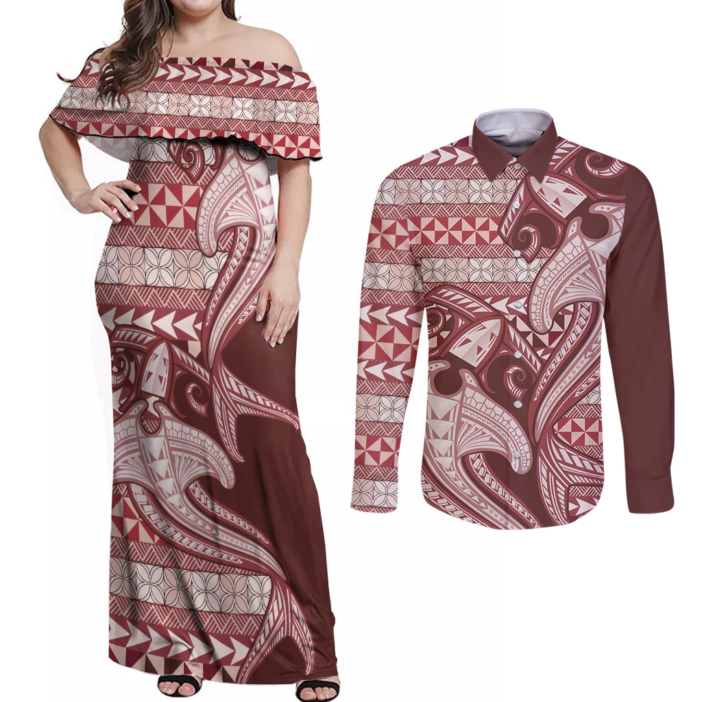 Vintage Hammerhead Shark Valentine Day Couples Matching Off Shoulder Maxi Dress and Long Sleeve Button Shirt Pasifika Sataoa Pattern - Cherry LT9 Cherry - Polynesian Pride