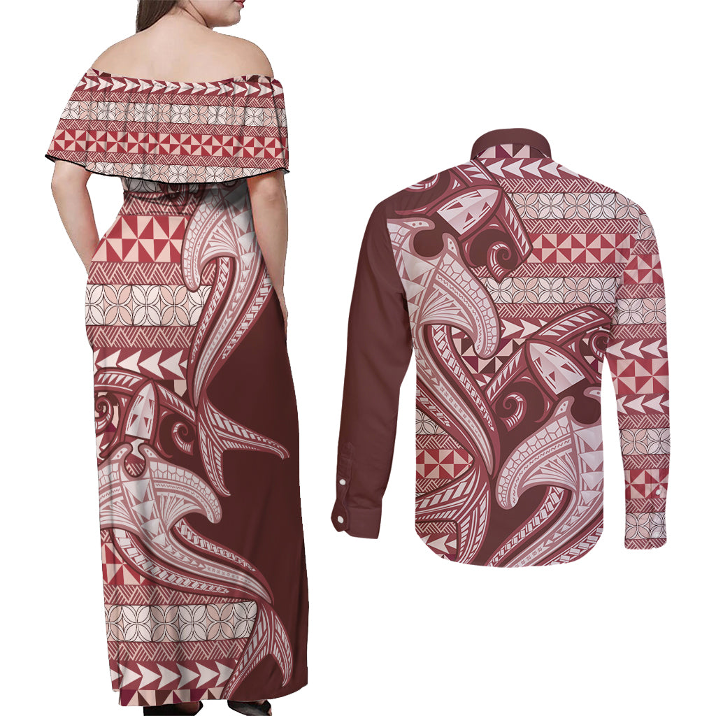 Vintage Hammerhead Shark Valentine Day Couples Matching Off Shoulder Maxi Dress and Long Sleeve Button Shirt Pasifika Sataoa Pattern - Cherry LT9 - Polynesian Pride