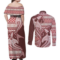 Vintage Hammerhead Shark Valentine Day Couples Matching Off Shoulder Maxi Dress and Long Sleeve Button Shirt Pasifika Sataoa Pattern - Cherry LT9 - Polynesian Pride