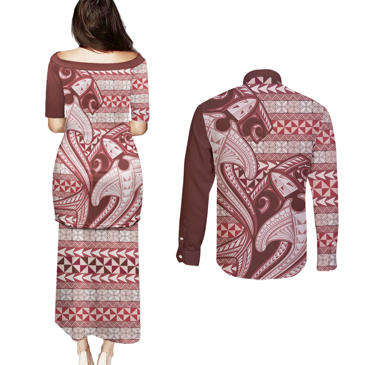 Vintage Hammerhead Shark Valentine Day Couples Matching Puletasi and Long Sleeve Button Shirt Pasifika Sataoa Pattern - Cherry LT9 - Polynesian Pride