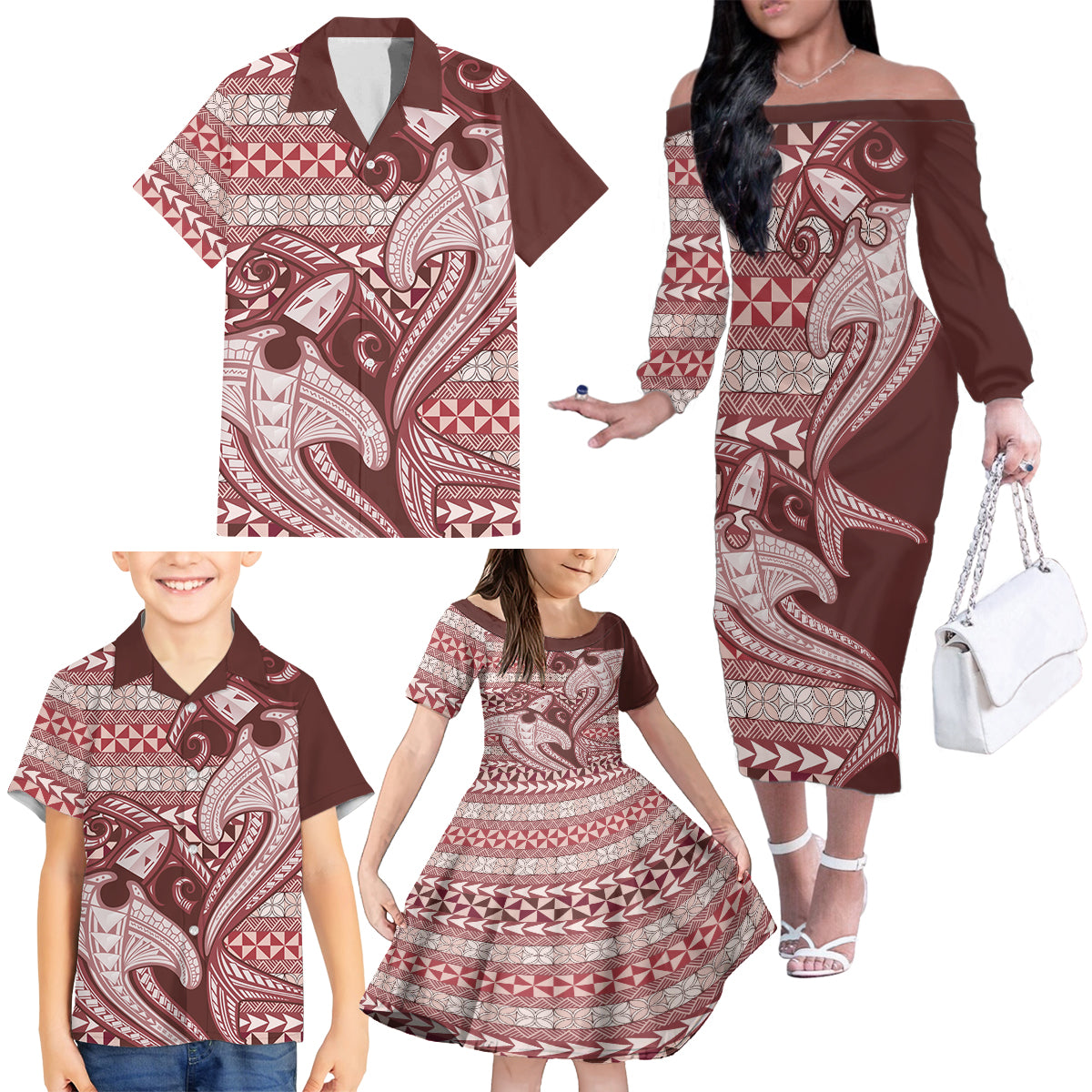 Vintage Hammerhead Shark Valentine Day Family Matching Off Shoulder Long Sleeve Dress and Hawaiian Shirt Pasifika Sataoa Pattern - Cherry LT9 - Polynesian Pride