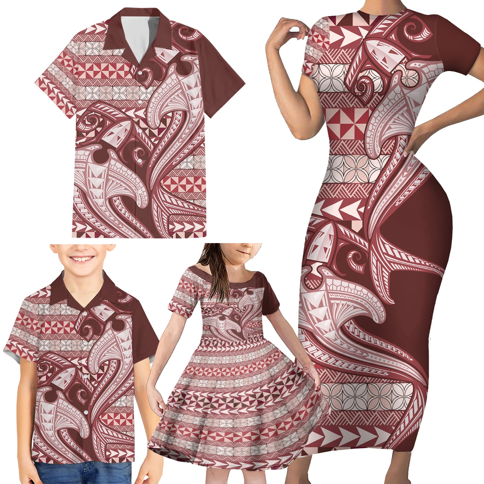 Vintage Hammerhead Shark Valentine Day Family Matching Short Sleeve Bodycon Dress and Hawaiian Shirt Pasifika Sataoa Pattern - Cherry LT9 - Polynesian Pride