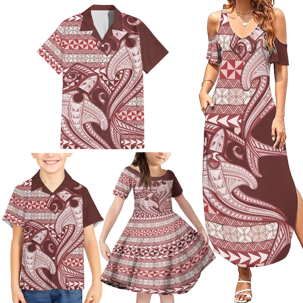 Vintage Hammerhead Shark Valentine Day Family Matching Summer Maxi Dress and Hawaiian Shirt Pasifika Sataoa Pattern - Cherry LT9 - Polynesian Pride