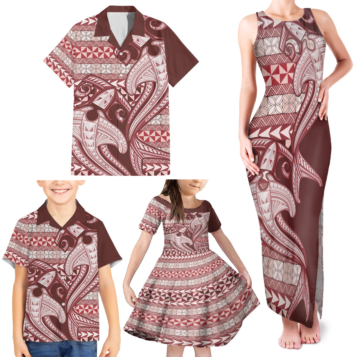 Vintage Hammerhead Shark Valentine Day Family Matching Tank Maxi Dress and Hawaiian Shirt Pasifika Sataoa Pattern - Cherry LT9 - Polynesian Pride