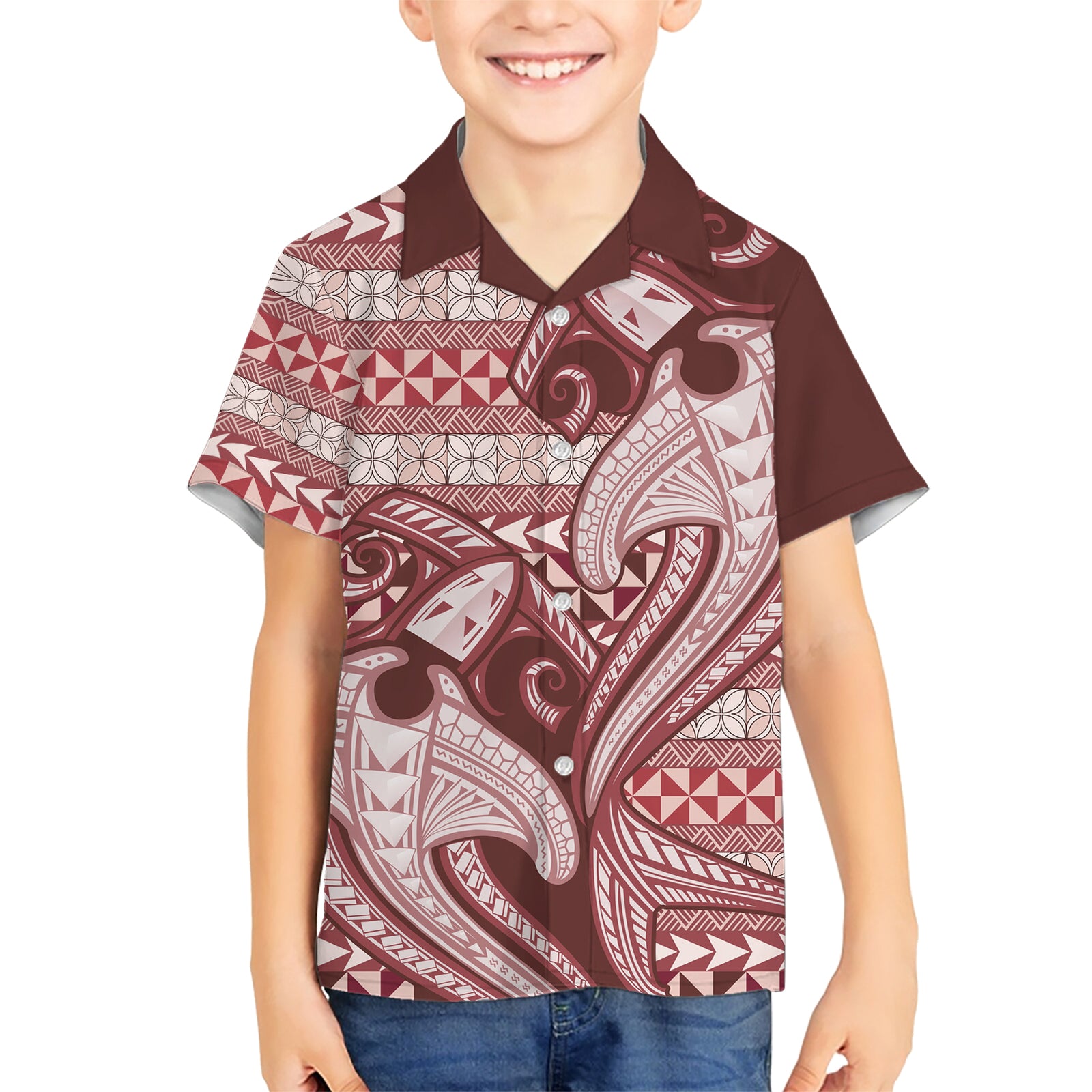 Vintage Hammerhead Shark Valentine Day Kid Hawaiian Shirt Pasifika Sataoa Pattern - Cherry LT9 Kid Cherry - Polynesian Pride