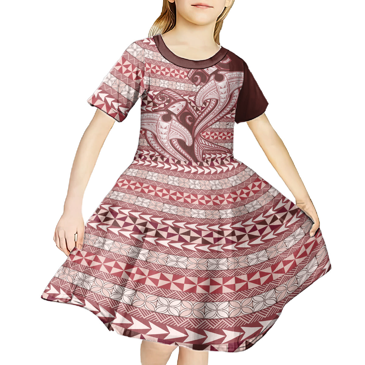 Vintage Hammerhead Shark Valentine Day Kid Short Sleeve Dress Pasifika Sataoa Pattern - Cherry LT9 - Polynesian Pride
