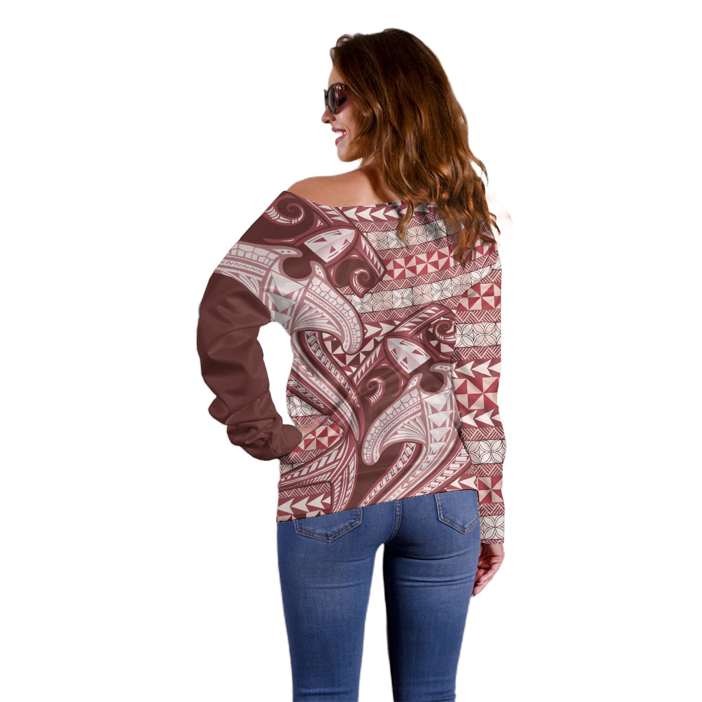 Vintage Hammerhead Shark Valentine Day Off Shoulder Sweater Pasifika Sataoa Pattern - Cherry LT9 - Polynesian Pride