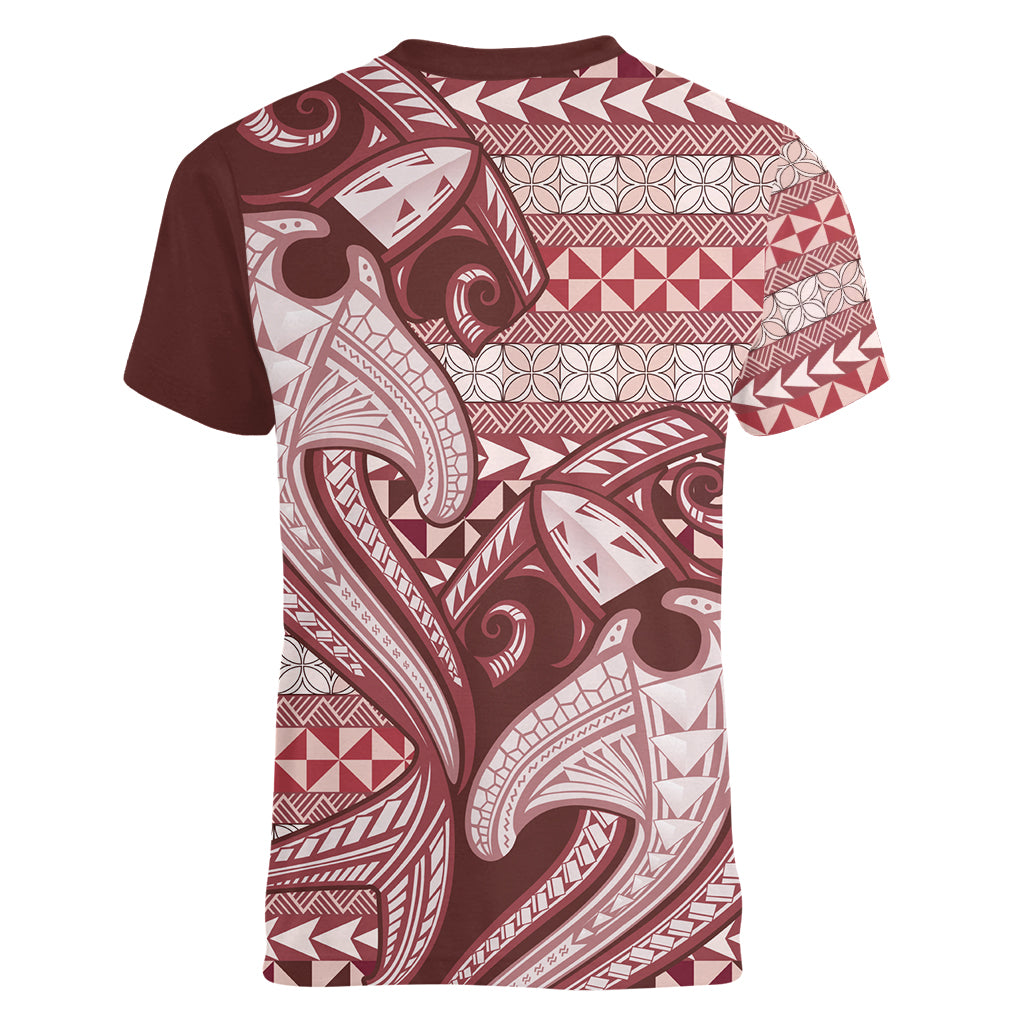 Vintage Hammerhead Shark Valentine Day Women V Neck T Shirt Pasifika Sataoa Pattern - Cherry LT9 - Polynesian Pride