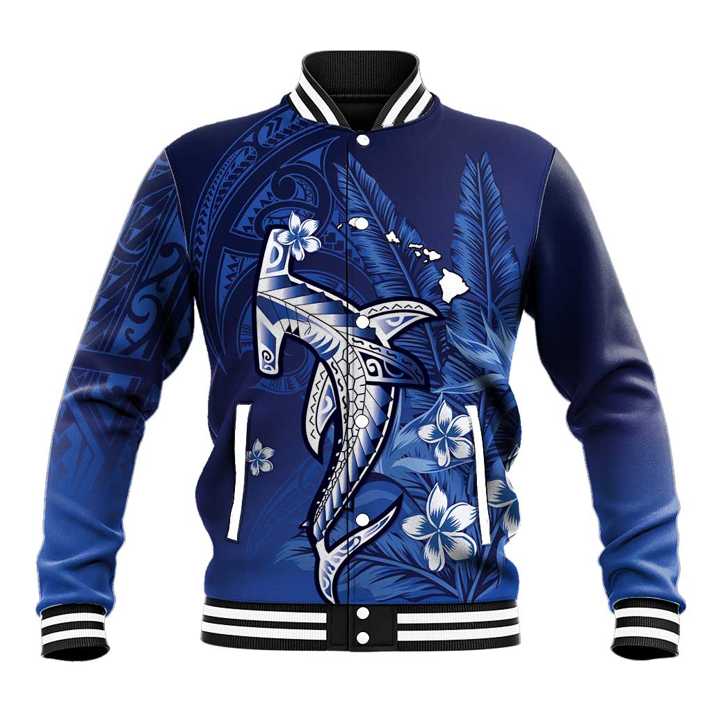 Personalized Hawaiian Maori Hammerhead Shark Baseball Jacket Polu Plumeria LT9 Unisex Blue - Polynesian Pride