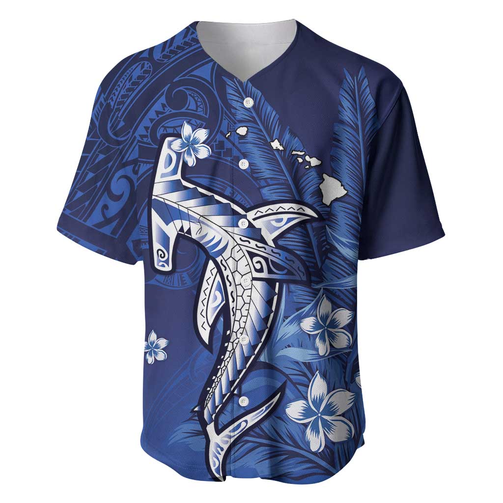 Personalized Hawaiian Maori Hammerhead Shark Baseball Jersey Polu Plumeria LT9 Blue - Polynesian Pride