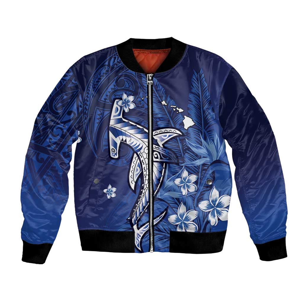 Personalized Hawaiian Maori Hammerhead Shark Bomber Jacket Polu Plumeria LT9 Unisex Blue - Polynesian Pride