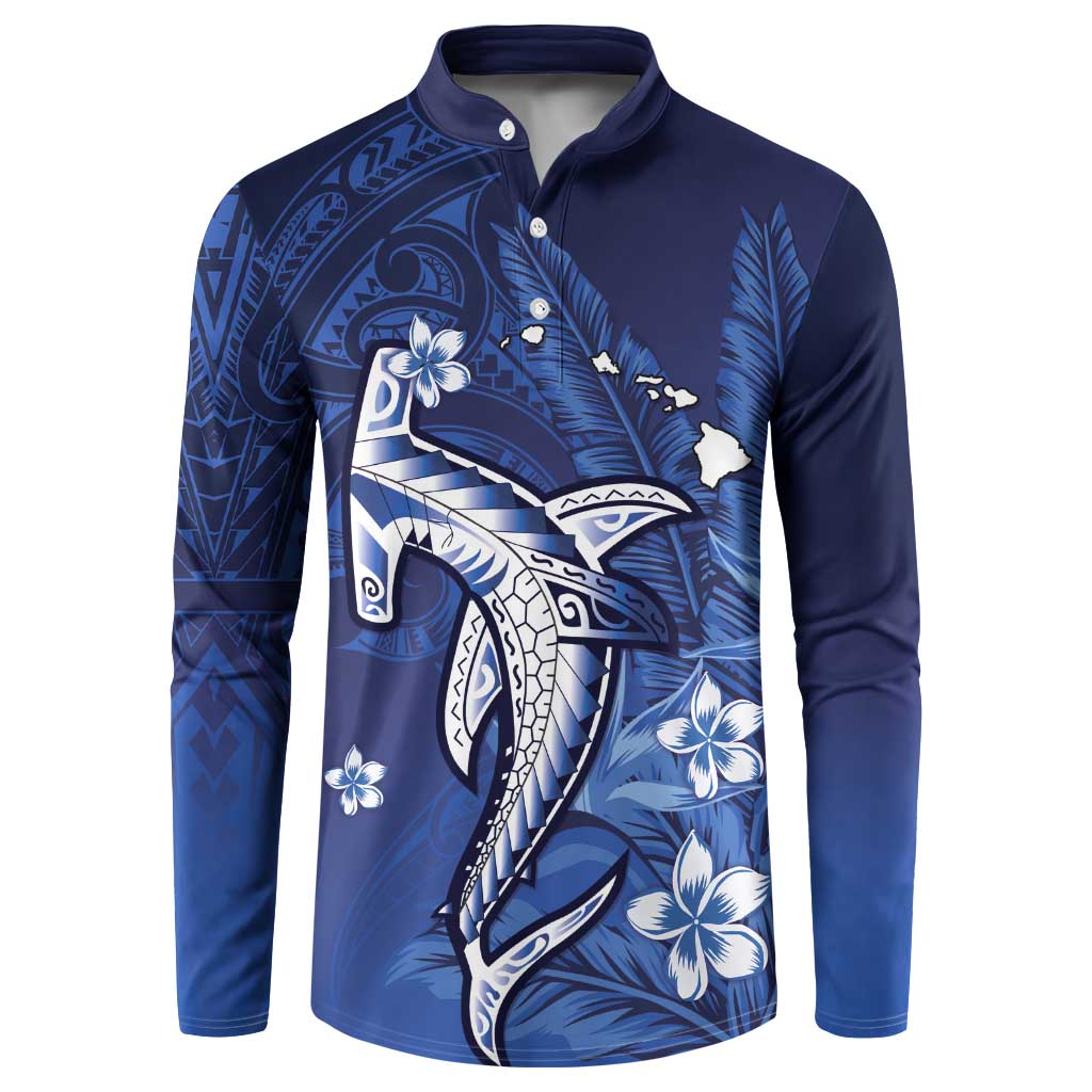 Personalized Hawaiian Maori Hammerhead Shark Button Sweatshirt Polu Plumeria LT9 Blue - Polynesian Pride