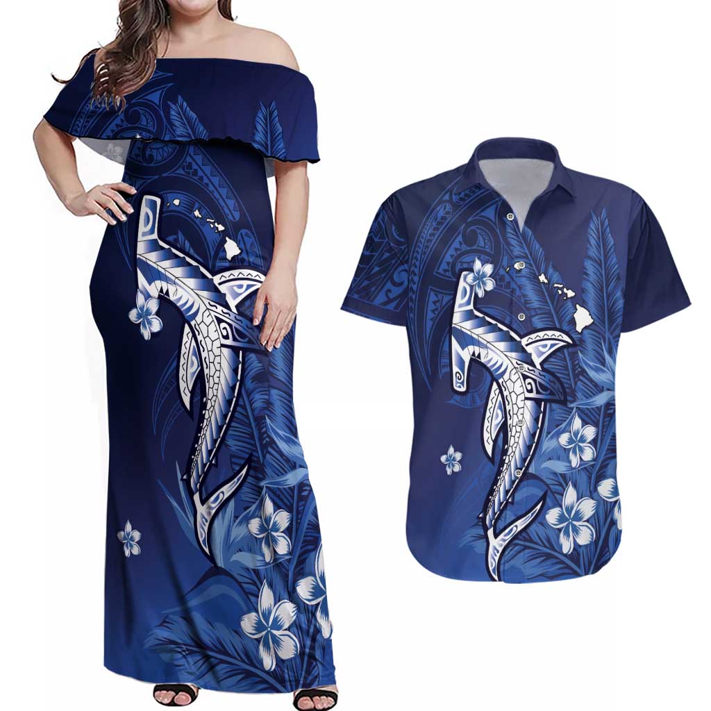 Personalized Hawaiian Maori Hammerhead Shark Couples Matching Off Shoulder Maxi Dress and Hawaiian Shirt Polu Plumeria - Polynesian Pride